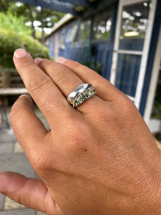 Green sapphires + 9ct white gold